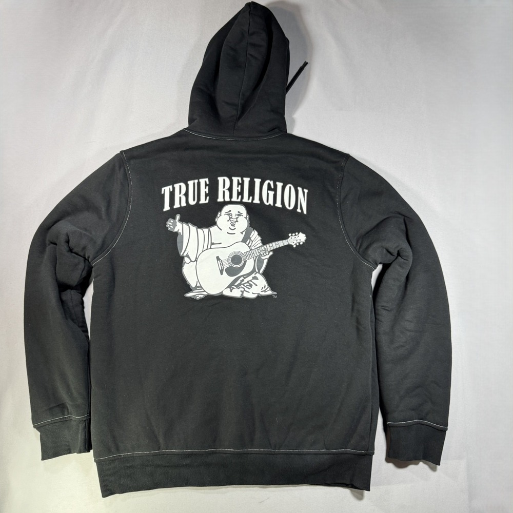 True Religion Mens Black Sherpa Lined Full Zip Hoodie Buddha Guitar Large L